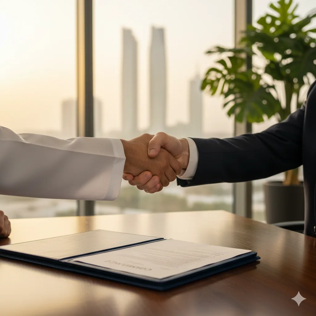 Executive handshake over a contract folder, conveying integrity, accountability, and sustainable growth.