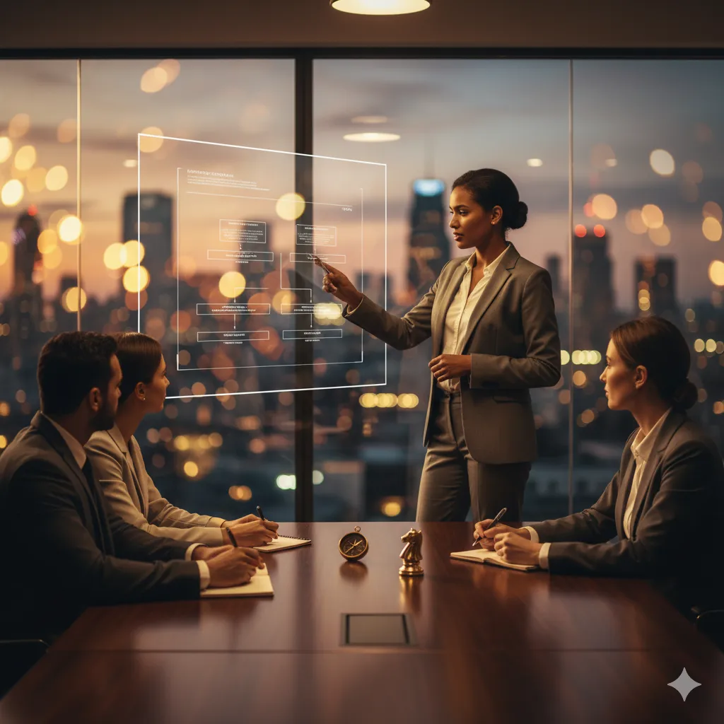Leadership team in a glass-walled office focusing on strategy, symbolized by a compass and chess piece.