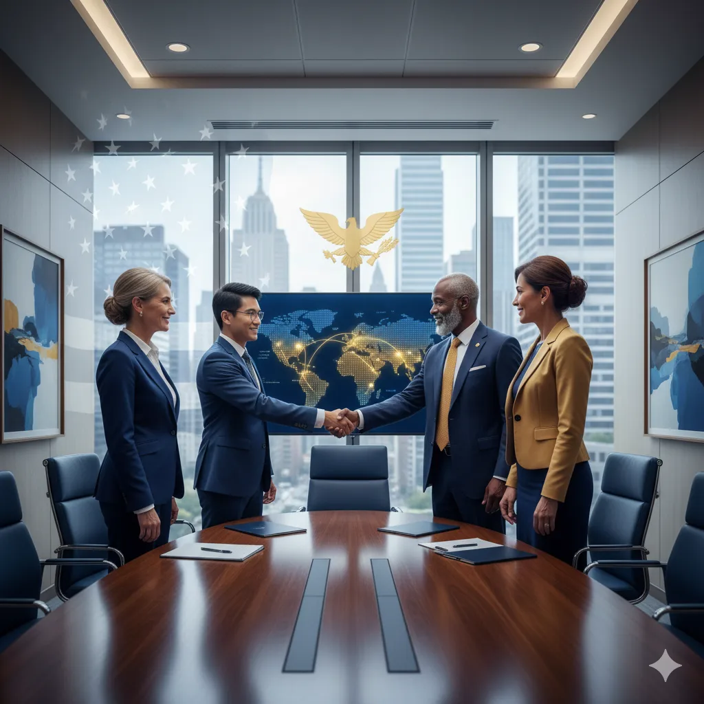 Business and government leaders shaking hands to represent strategic representation and partnerships.