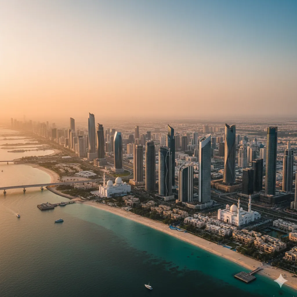 Abu Dhabi skyline at golden hour, signaling institutional credibility and regional presence.