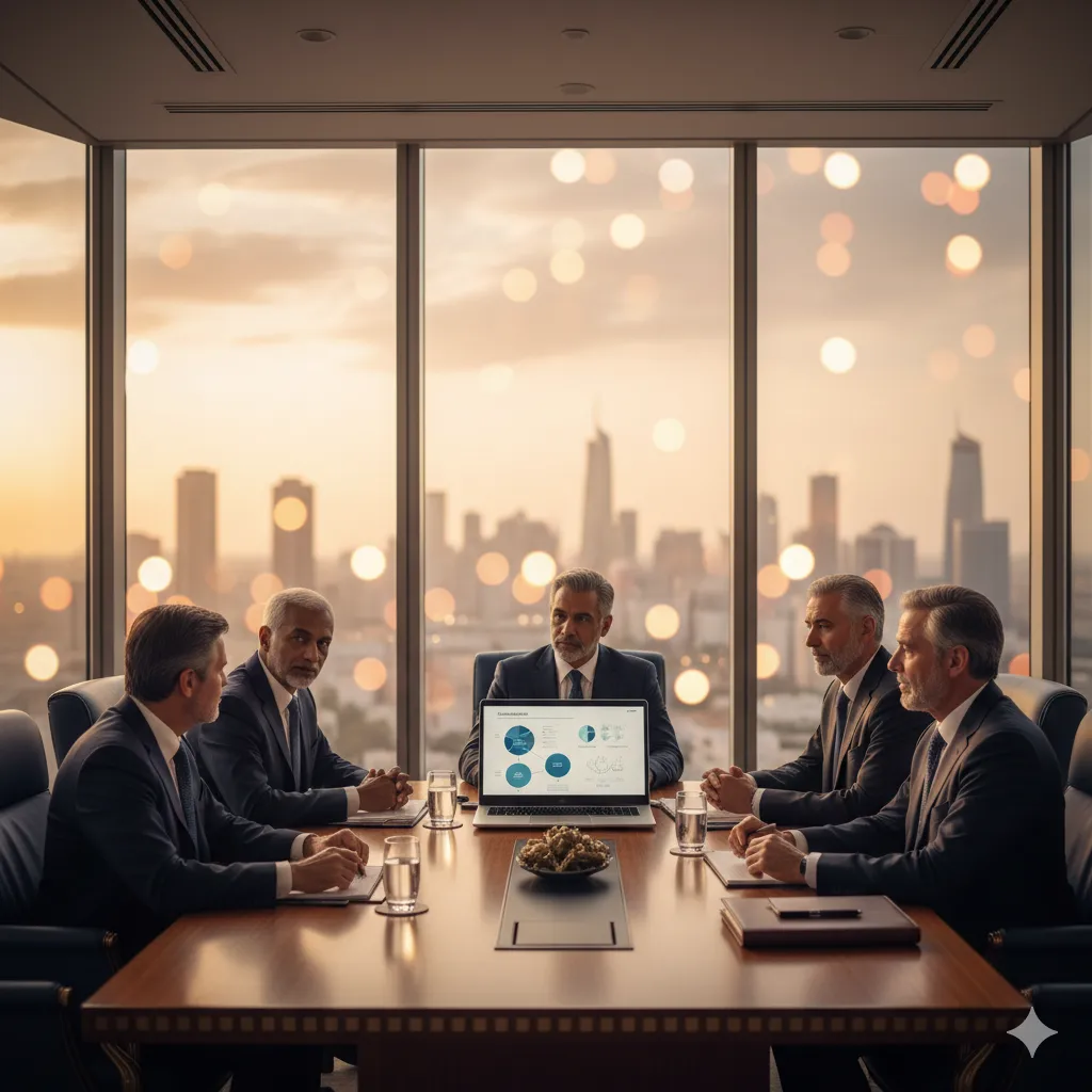 Senior executives in an Abu Dhabi boardroom reviewing a feasibility plan, highlighting AANG’s structured, compliance‑first approach.