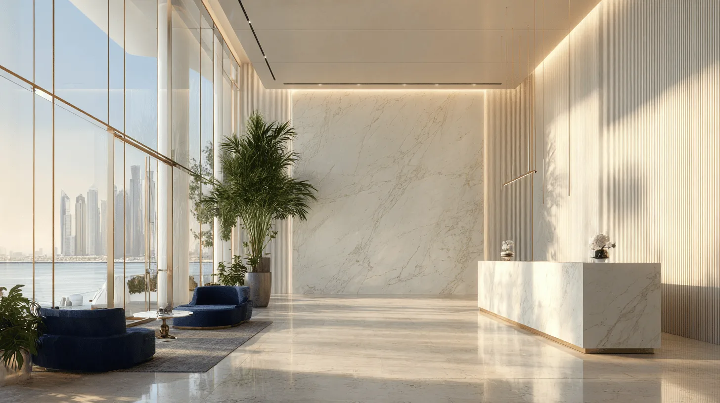 Premium corporate reception in Abu Dhabi with a relationship manager welcoming a guest, conveying professionalism and accessibility.