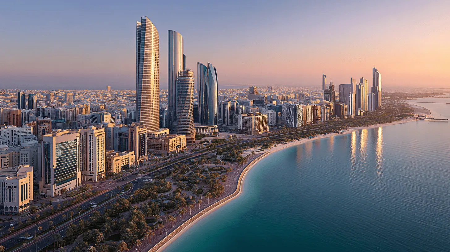 Abu Dhabi skyline at golden hour, conveying global connectivity and institutional credibility.